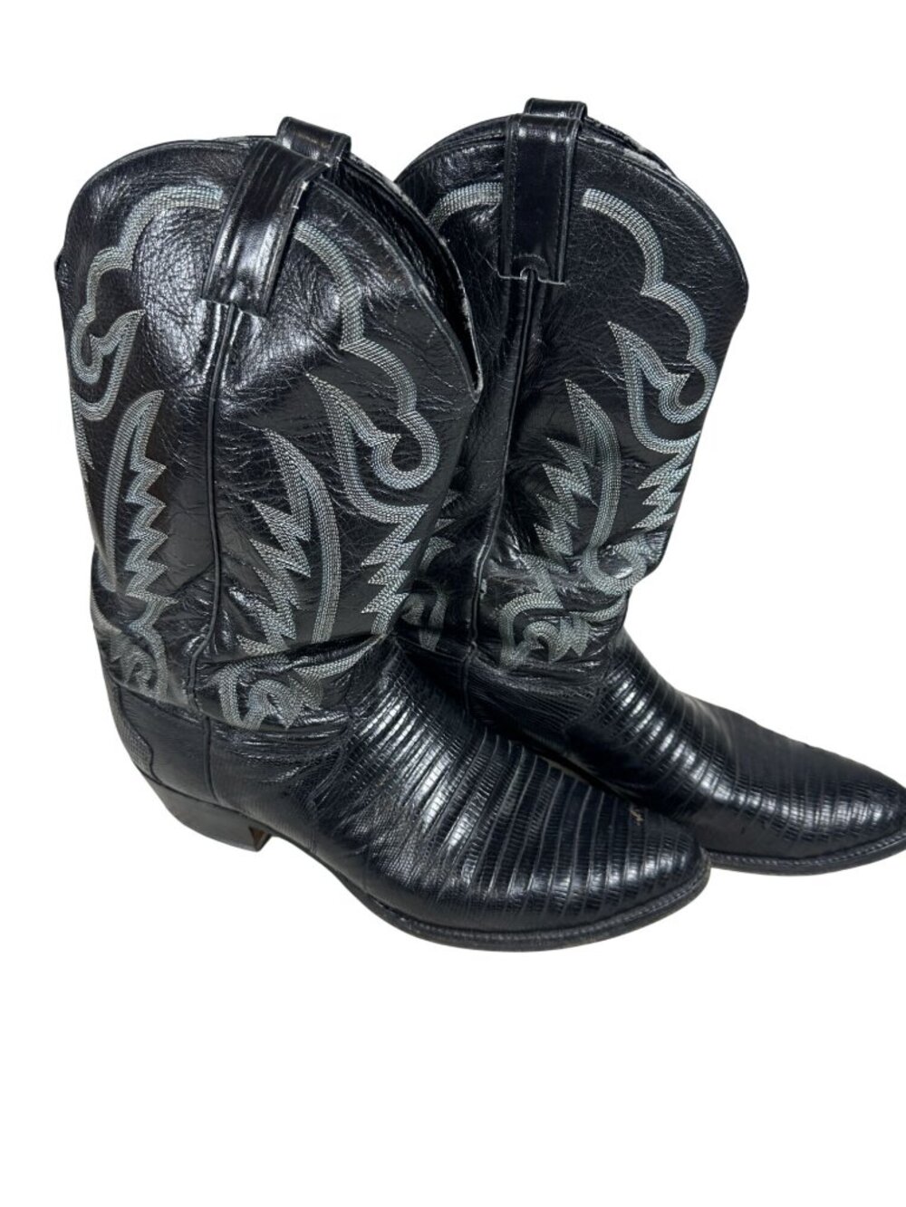 Justin Black Western Cowboy Boots Lizard Print Leather Embroidered Design 13 D